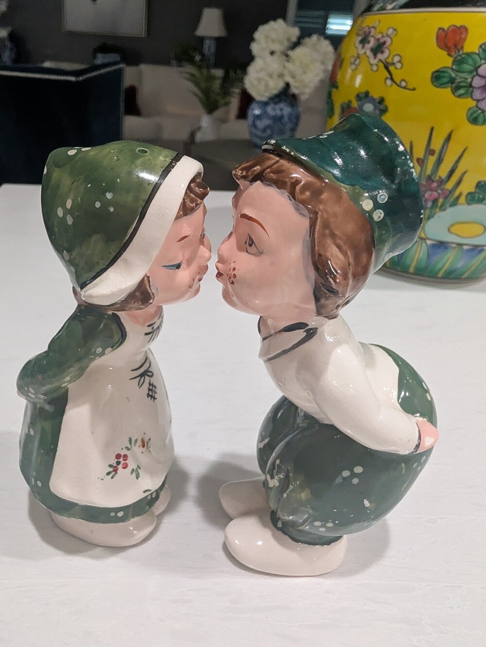 Vintage Green Ceramic Kissing Children Figurines - Home Art